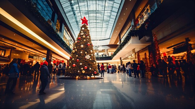 Albero di Natale decorato con ornamenti in uno spazio pubblico