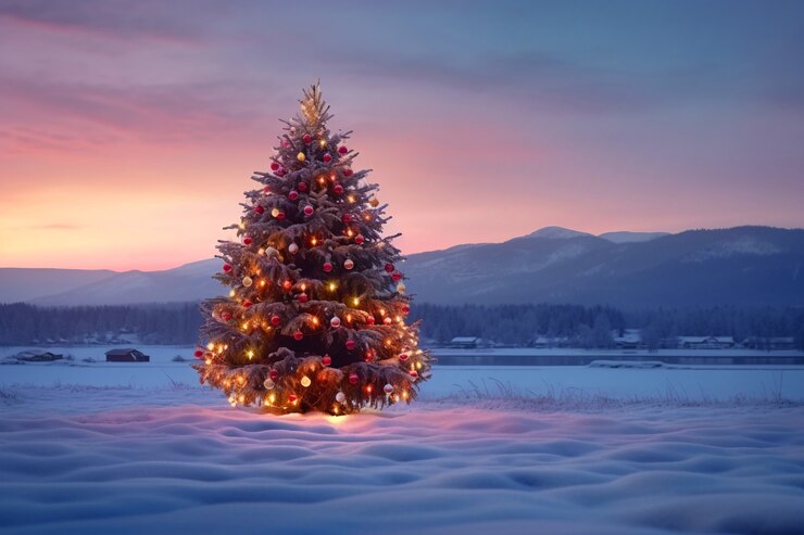 Foto gratuito albero di natale nel parco innevato
