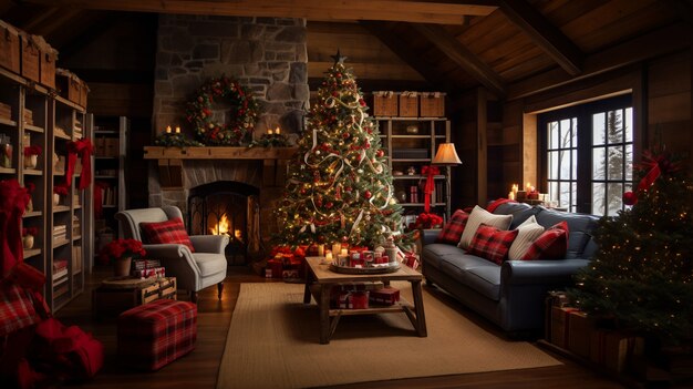 Albero di Natale splendidamente decorato in cabina di legno