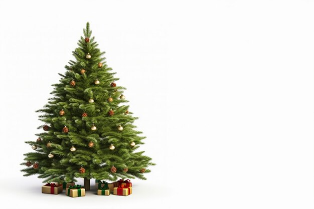 Albero di Natale splendidamente decorato su sfondo bianco