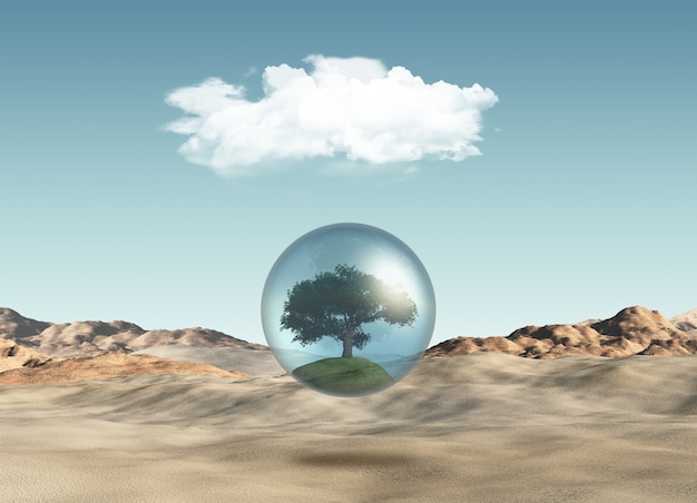 Albero in globo contro una scena del deserto
