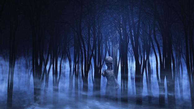 Alieno 3D in una foresta nebbiosa