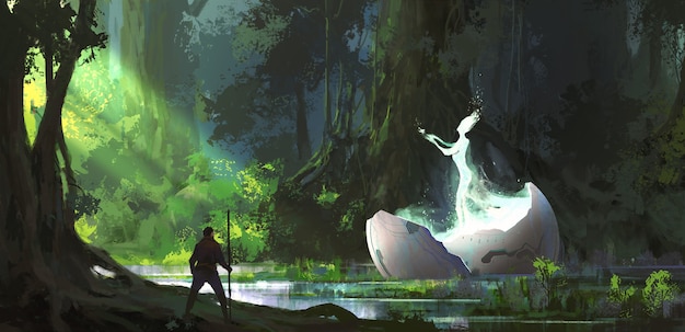 Alieno nell'illustrazione della foresta.