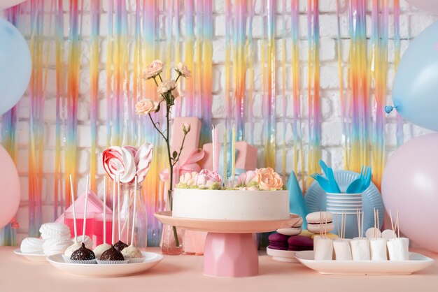 Allestimento tavolo per evento di compleanno con torta e dolci