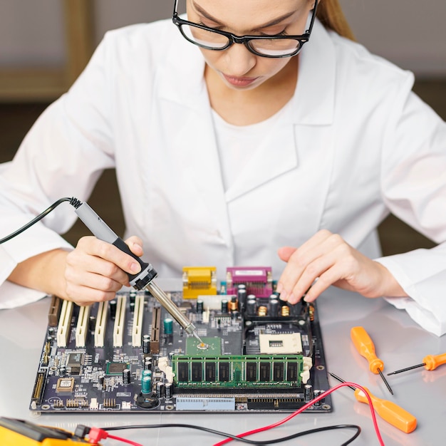 Alto angolo del tecnico femminile con elettronica e saldatore