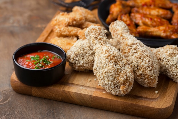 Alto angolo di cosce di pollo fritte con salsa