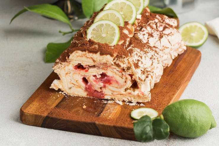 Foto gratuito alto angolo di delizioso rotolo e lime