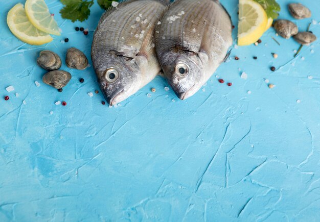 Alto angolo di pesce con limone e copia spazio