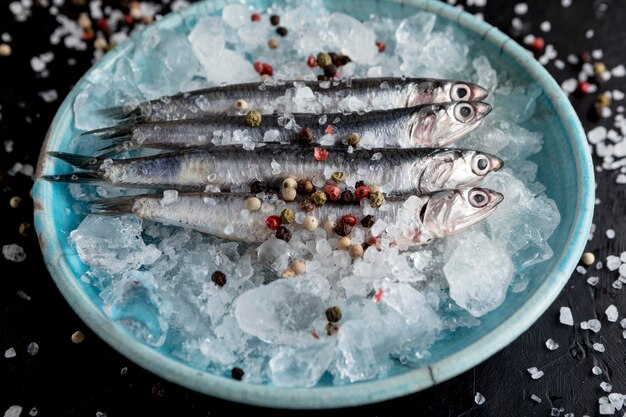 Alto angolo di pesce sul piatto con ghiaccio e spezie