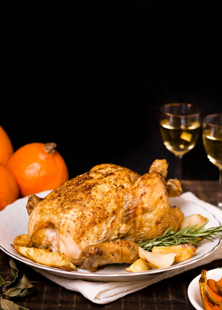 Foto gratuito alto angolo di pollo arrosto di ringraziamento con lo spazio della copia