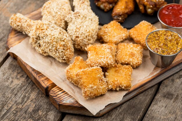 Alto angolo di pollo fritto con pepite e varietà di salse