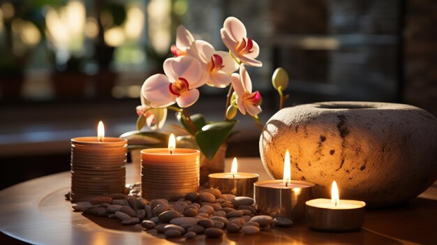Ambiente spa rilassante con candele a fiori e tavolo da massaggio a pietre sullo sfondo