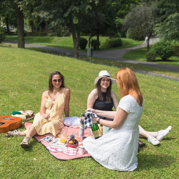 Amici che esaminano la donna che apre la bottiglia di birra sul picnic