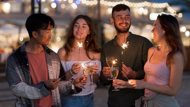 Amici che fanno festa con fuochi d'artificio di notte