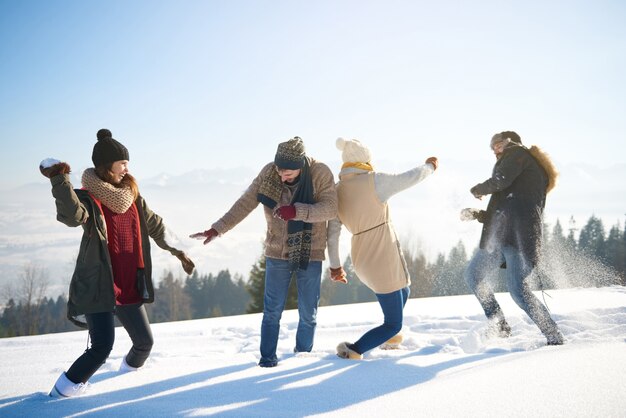 Amici che hanno una divertente lotta sulla neve