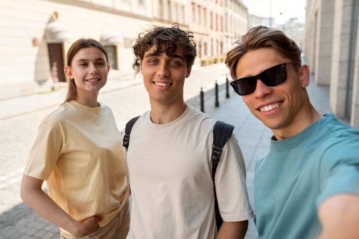 Foto gratuito amici che propongono insieme colpo medio