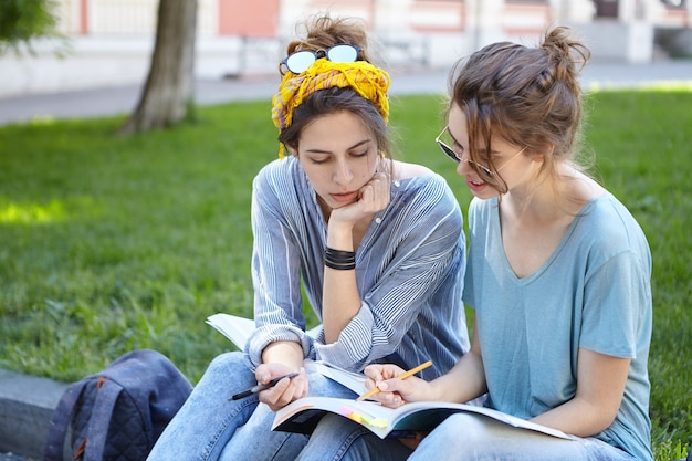 Amici femminili che studiano insieme nel parco