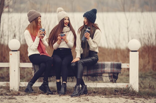 Amici in un parco d'inverno. Ragazze con cappelli lavorati a maglia. Donne con thermos e tè.