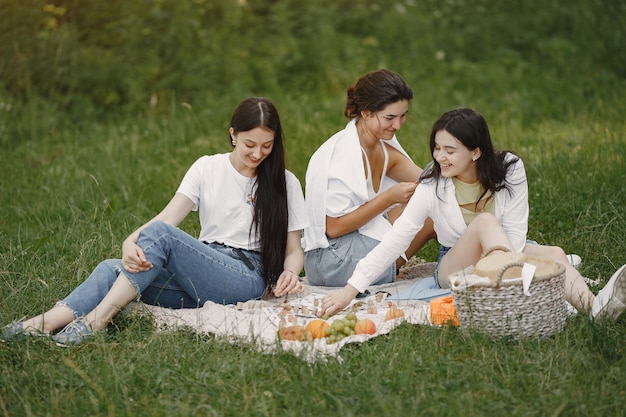 Amici seduti su un'erba. Ragazze su una coperta. Donna in una camicia bianca.