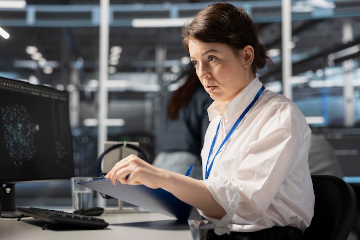 Foto gratuito amministratore del data center che controlla i file di manutenzione e le prestazioni del sistema di monitoraggio