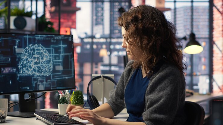 Foto gratuito amministratore di sistema femminile che fa manutenzione su sistemi di computer ai brain