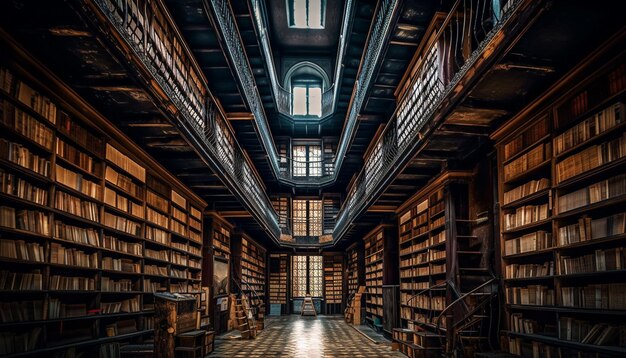 Ampia collezione di vecchi libri su scaffali in legno generati dall'intelligenza artificiale