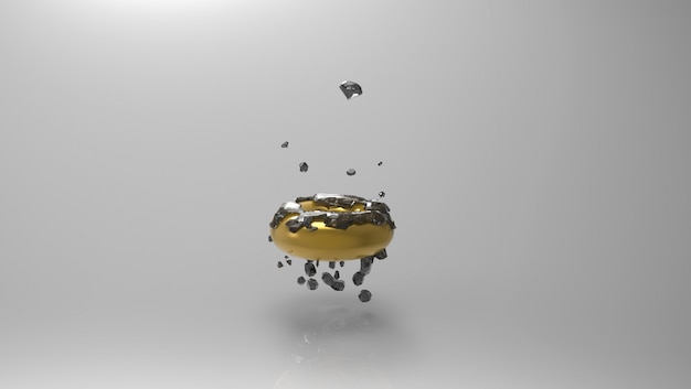 Anello d'oro galleggiante con diamanti neri su di esso su un grigio