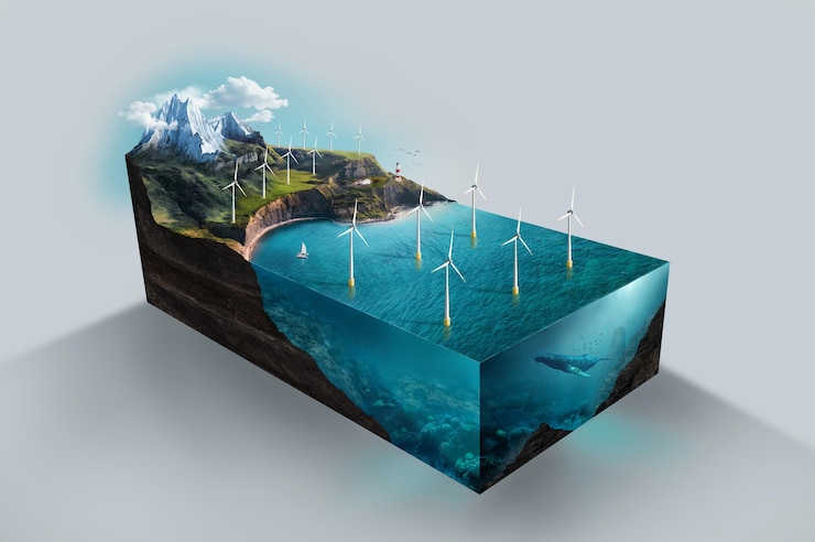 Foto gratuito angolo elevato del modello per l'energia rinnovabile con turbine eoliche