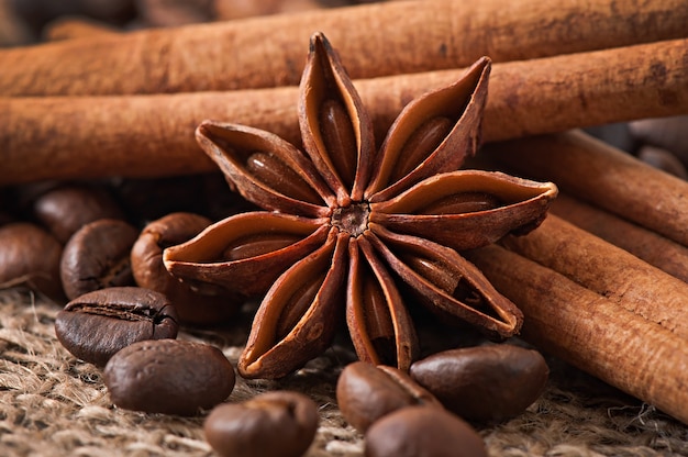 Anice, cannella e chicchi di caffè su fondo in legno vecchio