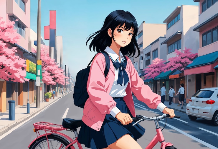 Foto gratuito anime come l'illustrazione di una ragazza in bicicletta