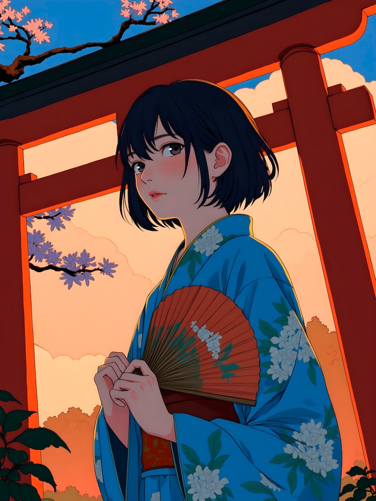 Foto gratuito anime girl in kimono with fan at torii gate