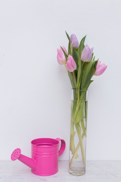 Annaffiatoio e tulipani in vaso