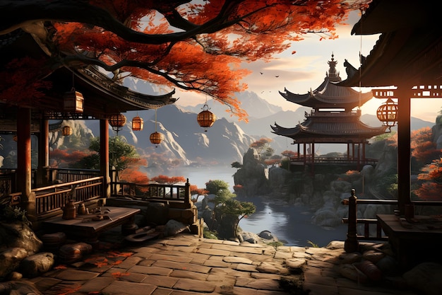 antica architettura cinese scena paesaggistica