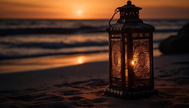 Antica lanterna illumina la costa araba al tramonto generata dall'intelligenza artificiale