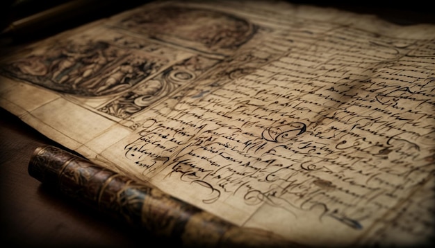 Antica pagina del manoscritto di calligrafia con messa a fuoco selettiva generata dall'intelligenza artificiale