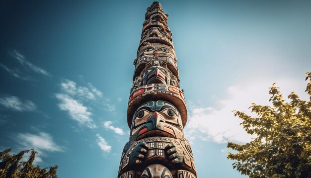 Antica scultura idolo totem nella foresta vibrante generata dall'intelligenza artificiale