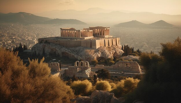 Antiche rovine al tramonto spiritualità e natura si combinano generate dall'intelligenza artificiale