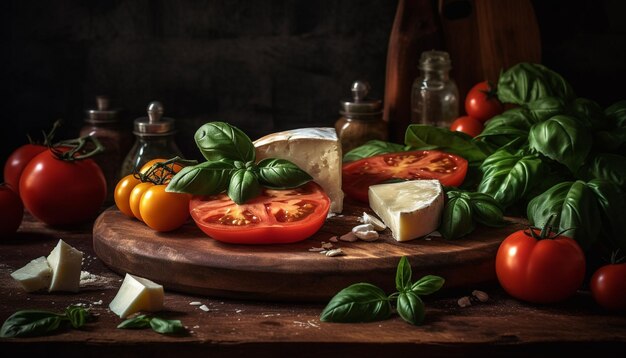 Antipasto italiano rustico Mozzarella fresca e fetta di pomodoro generata da AI