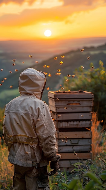 Apicoltore che lavora in un allevamento di api