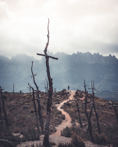 Area deserta ricoperta di erba secca, montagne e croci di legno con un uomo in piedi su una collina