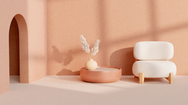 Arredamento della camera 3D con mobili nei toni minimalisti del beige
