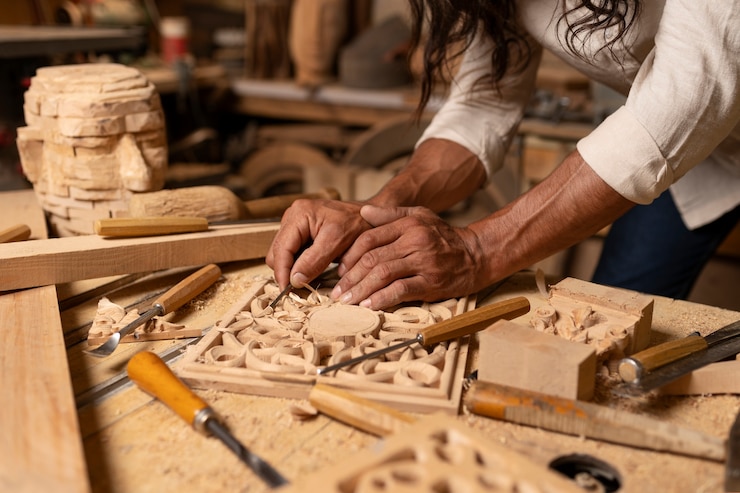 Foto gratuito artigiano che fa il taglio del legno