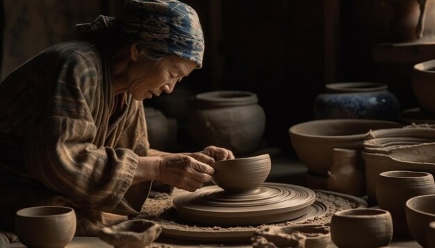 Artigiano che modella l'argilla sul tornio creando un vaso generato dall'intelligenza artificiale