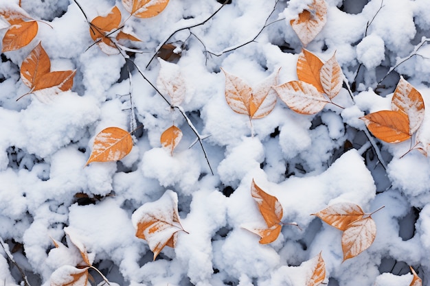 Asciugare le foglie autunnali con la neve durante l'inizio dell'inverno