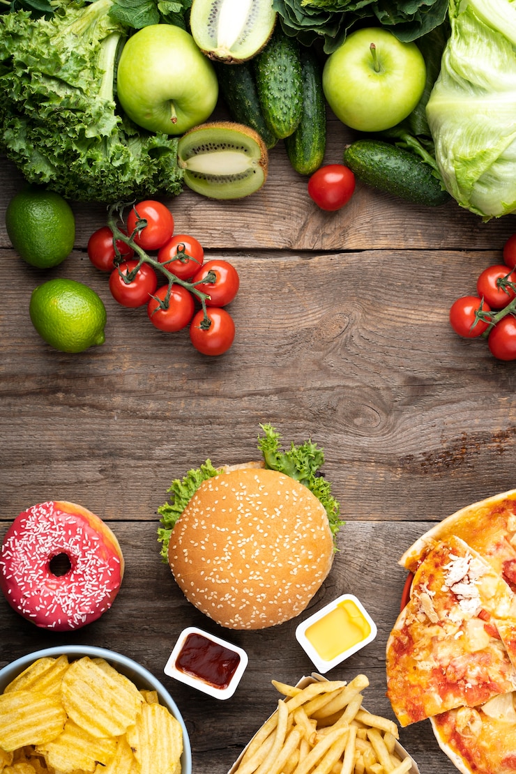 Foto gratuito assortimento di cibi sani e malsani