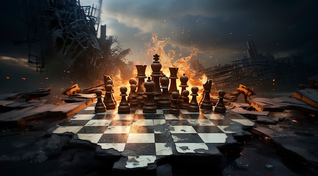 Assortimento di pezzi degli scacchi con scenari drammatici