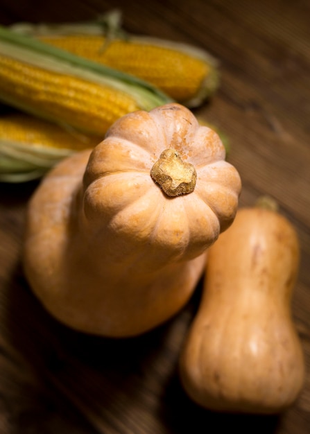 Assortimento di vista dall'alto con mais e zucca