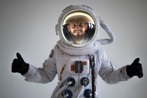 Astronauta maschio completamente attrezzato che sorride e mostra i pollici in su