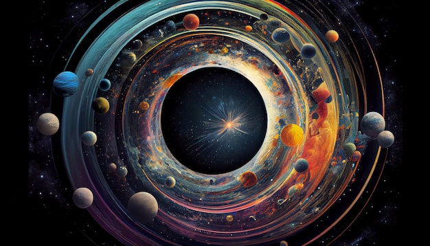 Astronave astratta in orbita attorno al cerchio sullo sfondo della galassia stellata generato dall'intelligenza artificiale