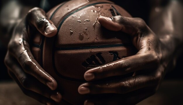 Atleta muscoloso che tiene il basket con determinazione generata dall'intelligenza artificiale